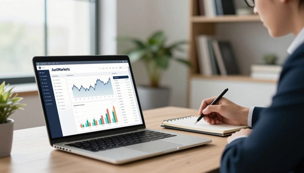 A modern trading platform interface displayed on a sleek laptop in a well-lit office environment. In the foreground, the laptop screen shows the JustMarkets trading dashboard with dynamic graphs and charts indicating market trends. Soft natural light filters in from a nearby window, creating a calm yet focused atmosphere. In the middle ground, a professional individual dressed in smart business attire is intently analyzing trade data, with a notepad and pen beside them for taking notes. The background features minimalist decor, such as a potted plant and bookshelves filled with financial literature, enhancing the professional vibe. The overall mood is one of concentration and trust, emphasizing JustMarkets as a reliable trading platform.