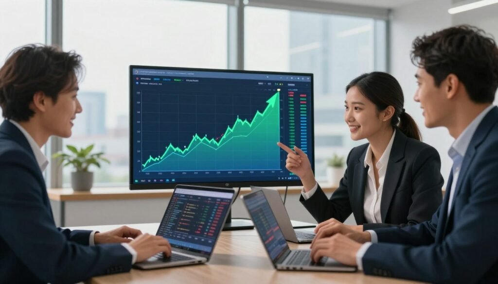A professional trading environment showcasing the benefits of trading with JustMarkets. In the foreground, a diverse group of three business professionals, dressed in smart business attire, enthusiastically discussing trade opportunities while examining real-time stock charts on sleek laptops. In the middle, a large digital display shows upward-trending graphs with bright green and blue colors, symbolizing growth and profits. The background features a modern office setting with large windows letting in warm, natural light, and a city skyline view. The atmosphere is positive and inspiring, conveying a sense of success and opportunity in the trading world. The composition focuses on clarity and professionalism, highlighting the advantages of opening an account with JustMarkets.